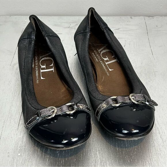 AGL Monika Pewter Leather & Black Patent Leather Cap Toe Buckle Loafer Skimmer - Picture 1 of 5